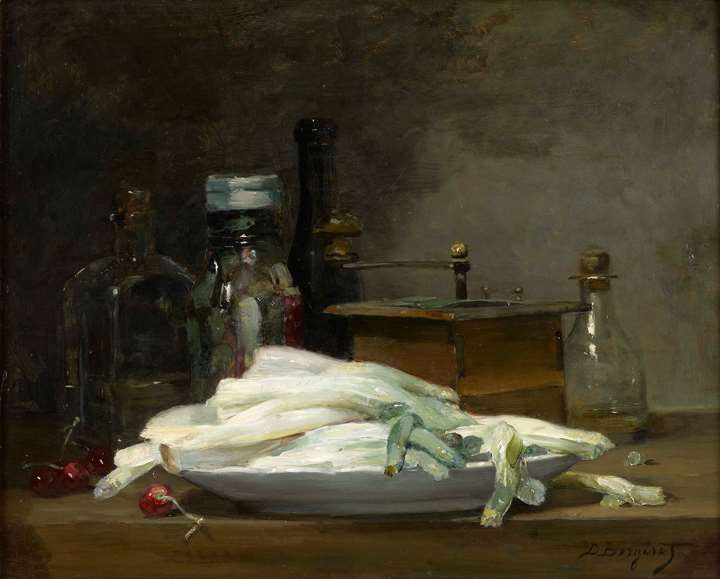 Jars, bottles and a plate of asparagus